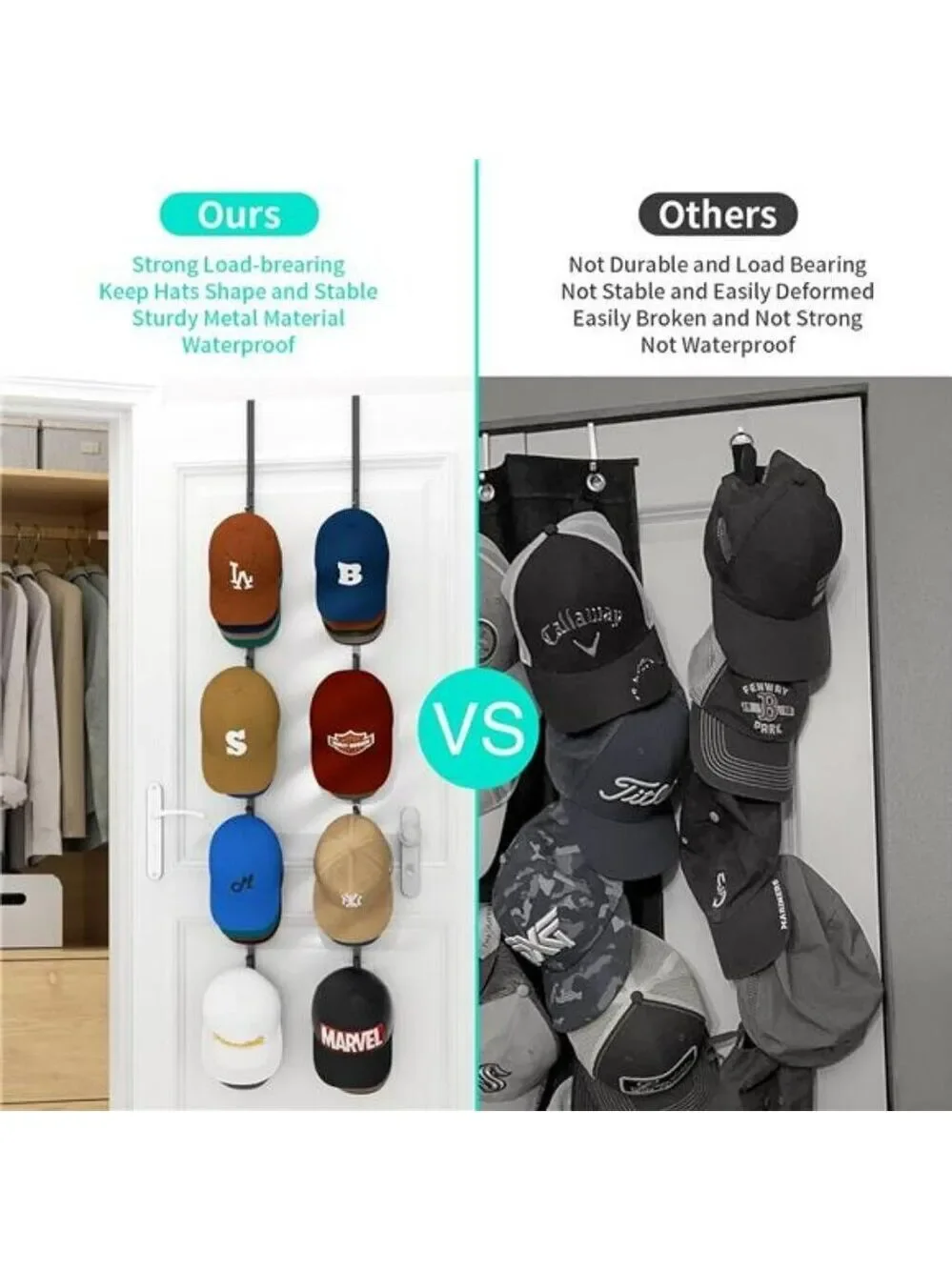 Over Door Hat Rack Hanging Cap Organizer Holds 40 Baseball Caps with Hooks